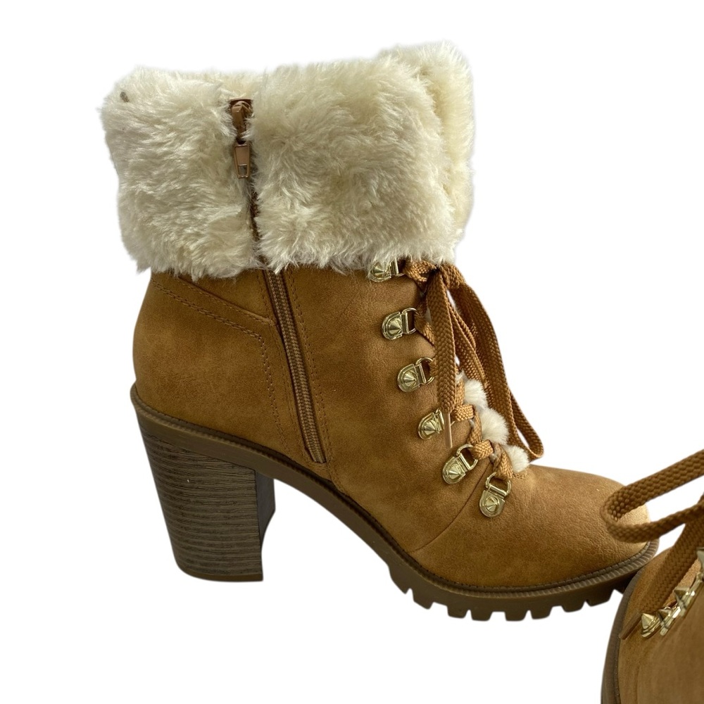 Guess‎ Hiker Grunge Fur Lug Sole Sweater Ankle Booties 9M Camel Chunky Jursy New - Picture 8 of 10